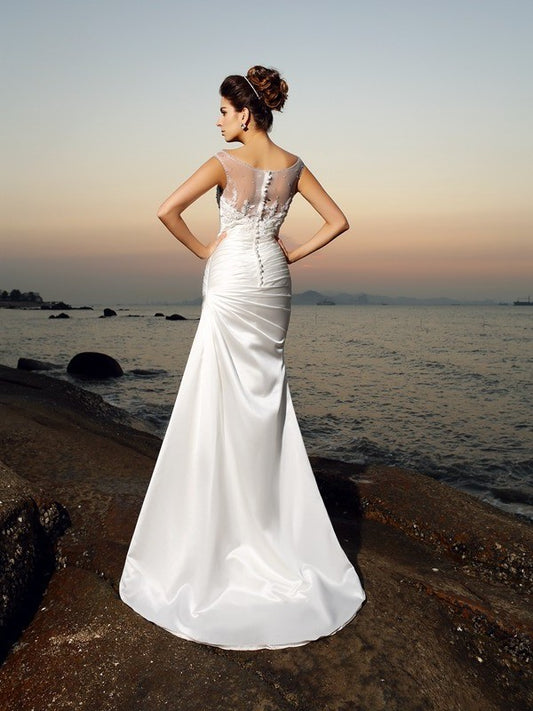 Beading Satin Trumpet/Mermaid Sleeveless Long Scoop Beach Wedding Dresses