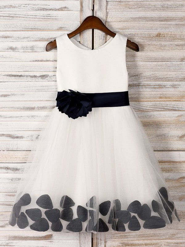 Scoop Sleeveless Tulle Tea-Length A-Line/Princess Hand-Made Flower Flower Girl Dresses