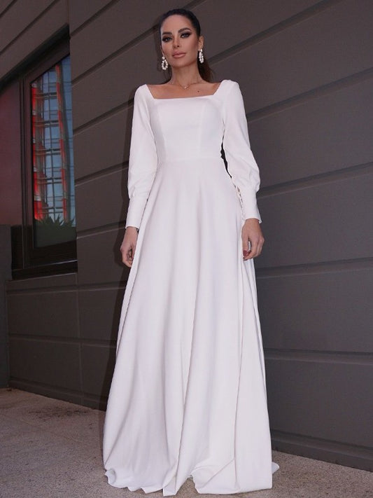 Long Square Ruffles Crepe Sweep/Brush A-Line/Princess Sleeves Stretch Train Wedding Dresses