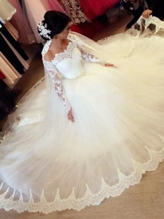 Gown Long Applique Tulle Off-the-Shoulder Ball Sleeves Sweep/Brush Train Wedding Dresses