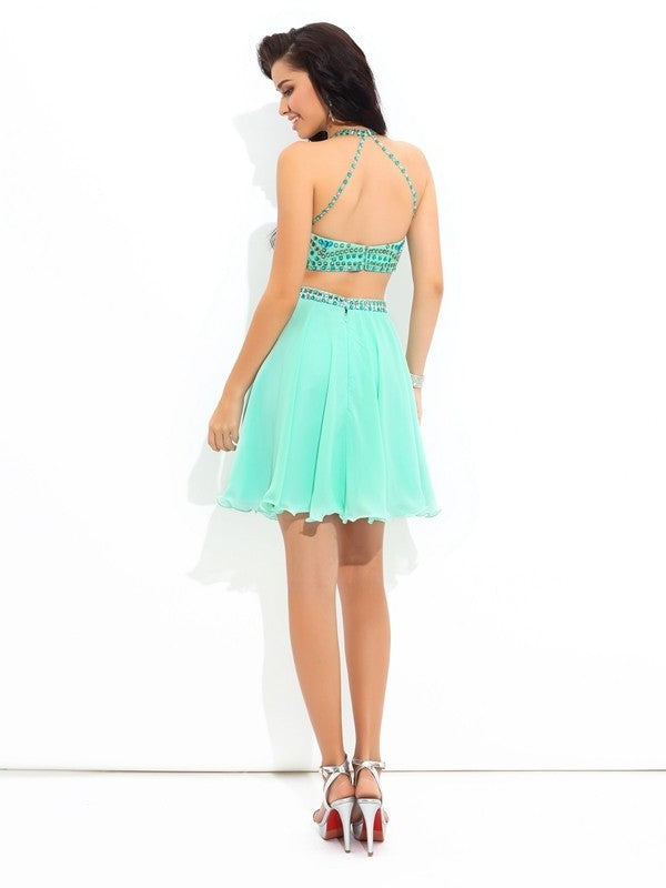 Chiffon A-Line/Princess Sheer Short Sleeveless Neck Rhinestone Two Piece Dresses