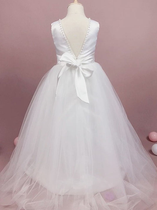 Floor-Length A-Line/Princess Scoop Bowknot Tulle Sleeveless Flower Girl Dresses