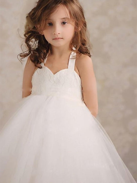 Sleeveless Gown Applique Tulle Knee-Length Ball Halter Flower Girl Dresses