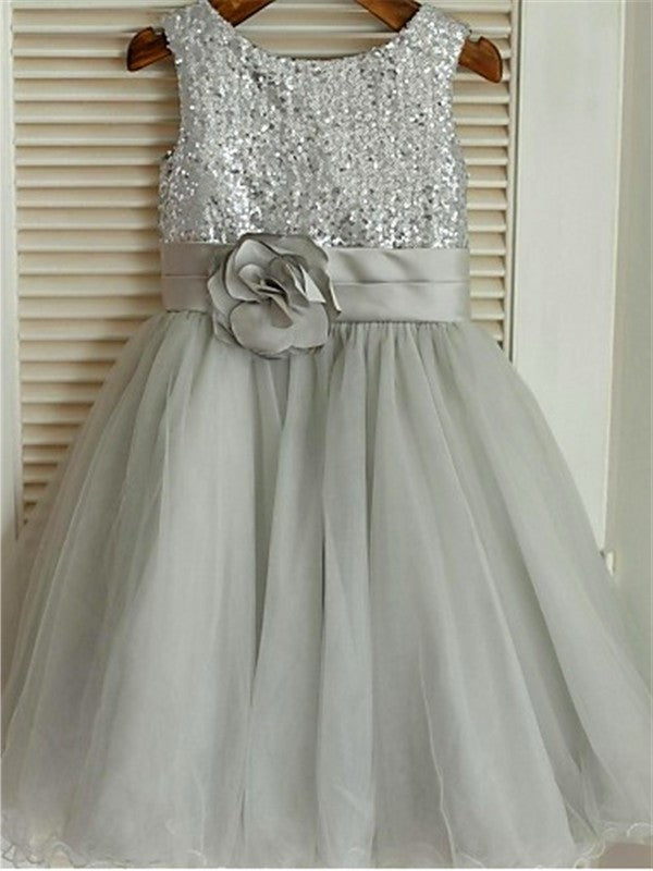 Sleeveless Tea-Length Sequin A-line/Princess Scoop Tulle Flower Girl Dresses