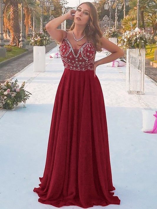 Beading Chiffon Spaghetti Straps A-Line/Princess Sleeveless Floor-Length Dresses