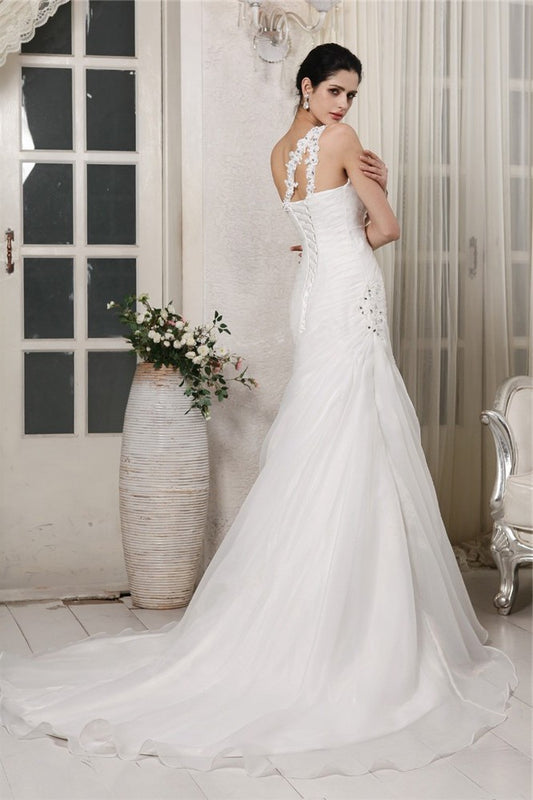 Trumpet/Mermaid One-Shoulder Beading Sleeveless Long Applique Organza Wedding Dresses