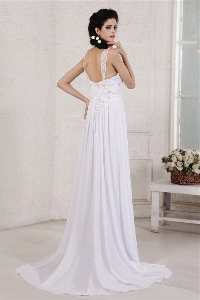 Sheath/Column Applique Beading Pleats Ruched Strap Long Spaghetti Chiffon Wedding Dresses