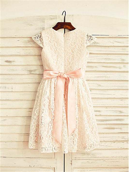 A-line/Princess Flower Short Scoop Hand-made Tea-Length Lace Sleeves Flower Girl Dresses