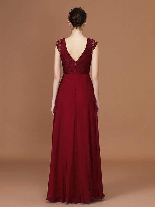 Ruched Sleeves Short A-Line/Princess Lace Chiffon V-neck Floor-Length Bridesmaid Dresses