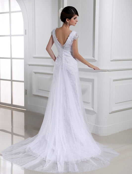 Beading A-Line/Princess Long Sleeveless V-neck Tulle Wedding Dresses