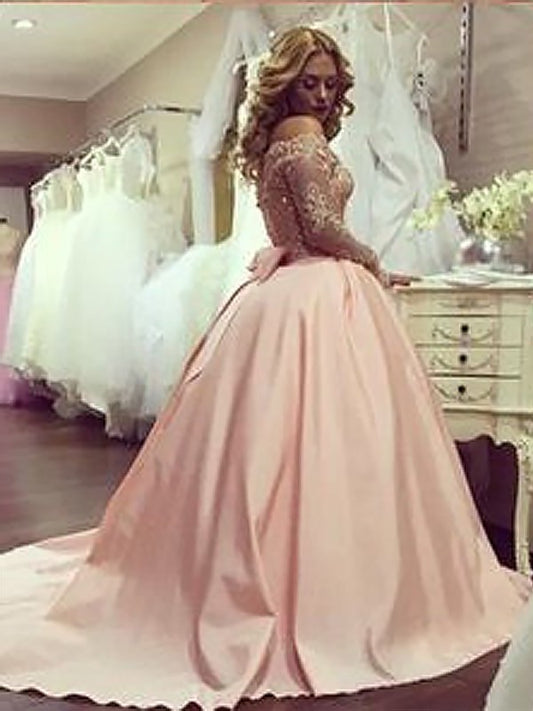 Satin Long Gown Off-the-Shoulder Sleeves Ball Beading Court Train Dresses