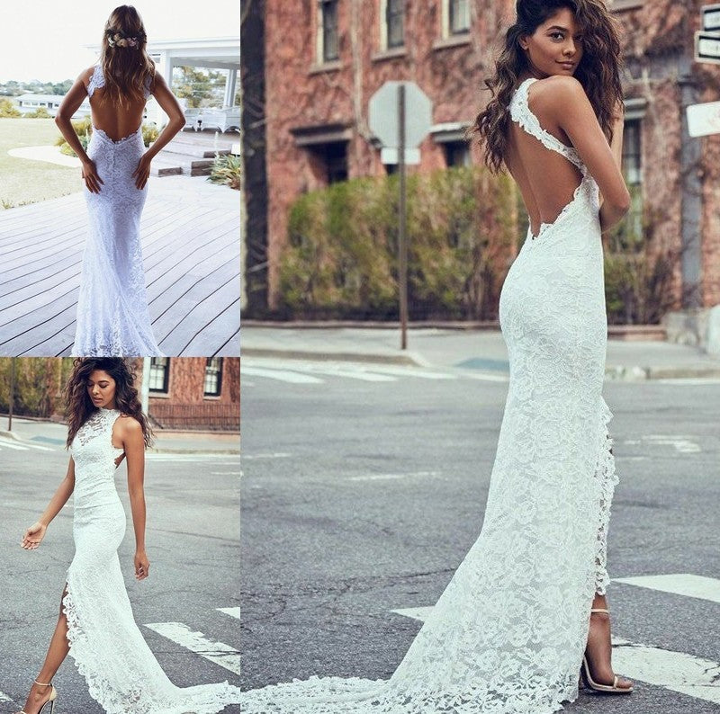 Lace Trumpet/Mermaid Halter Sweep/Brush Sleeveless Train Wedding Dresses