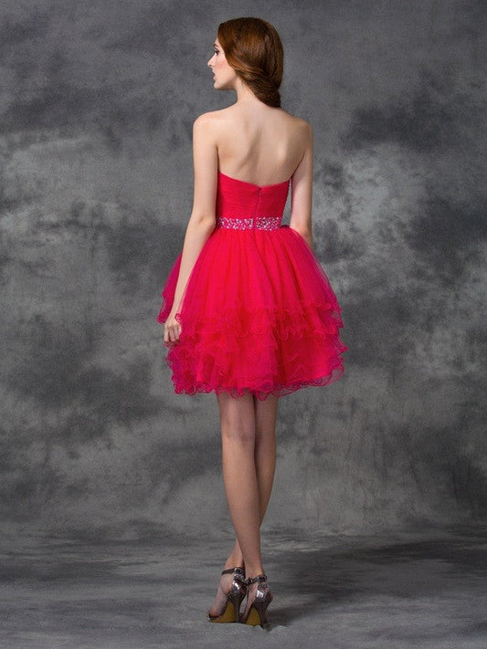 A-line/Princess Sweetheart Irene Beading Sleeveless Short Satin Homecoming Dresses Cocktail Dresses