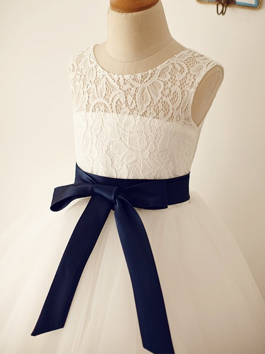 Tea-Length Sash/Ribbon/Belt Sleeveless A-Line/Princess Tulle Scoop Flower Girl Dresses