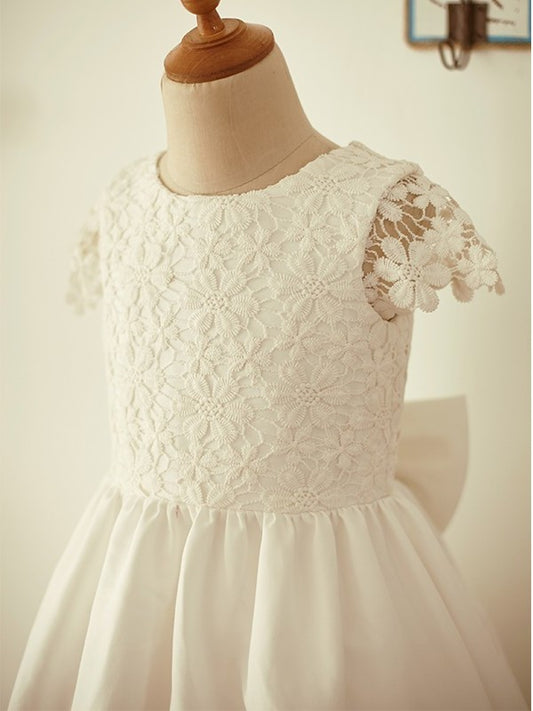 Sleeves A-Line/Princess Lace Bowknot Scoop Knee-Length Short Flower Girl Dresses