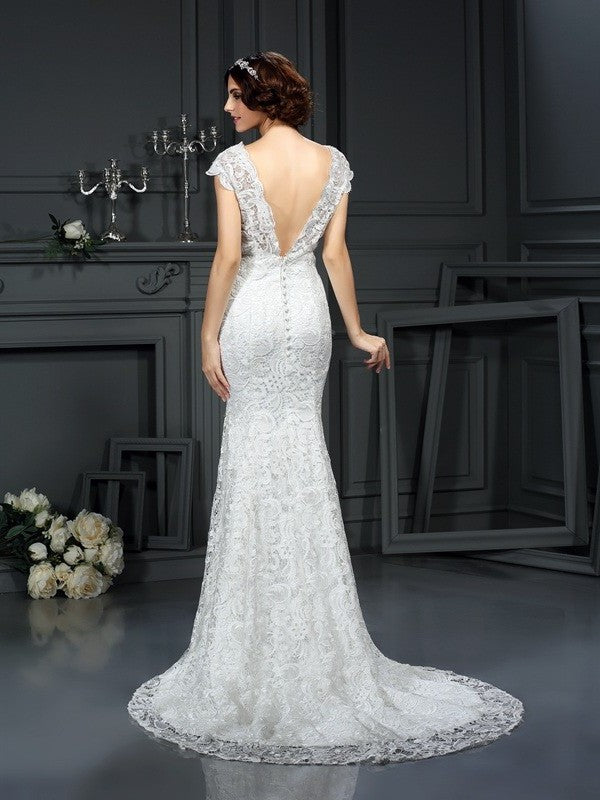 V-neck Trumpet/Mermaid Long Sleeveless Lace Lace Wedding Dresses