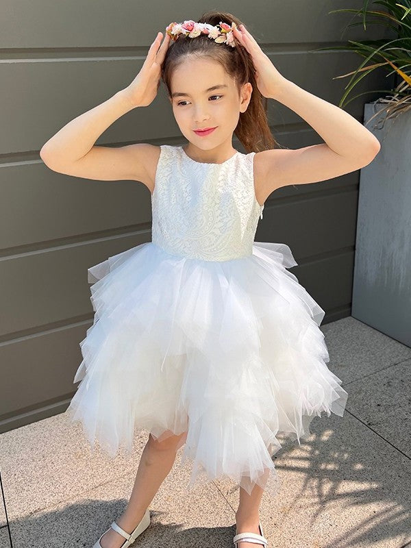 Lace A-Line/Princess Scoop Sleeveless Short/Mini Tulle Flower Girl Dresses