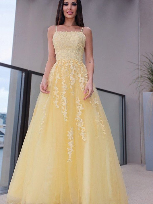 Straps Sleeveless Applique A-Line/Princess Spaghetti Tulle Floor-Length Dresses