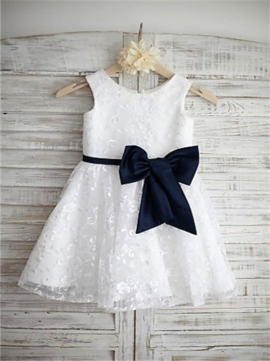 Sleeveless Tea-Length Scoop Bowknot A-line/Princess Lace Flower Girl Dresses