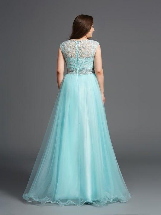 Long Scoop Rhinestone Tulle Sleeveless A-Line/Princess Plus Size Dresses