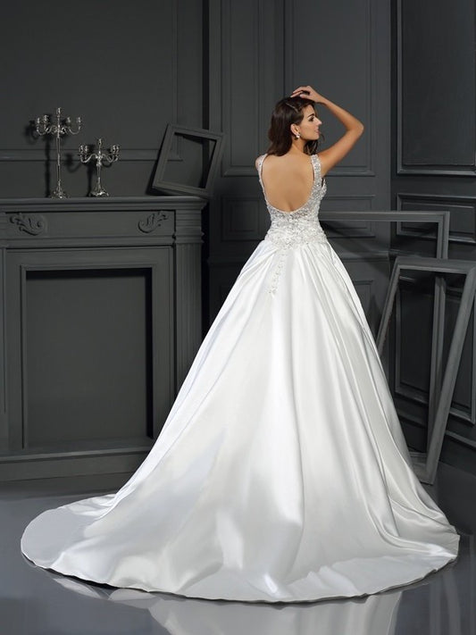 Ball Applique Scoop Long Gown Sleeveless Satin Wedding Dresses