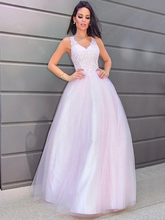 A-Line/Princess V-neck Sleeveless Applique Tulle Floor-Length Dresses