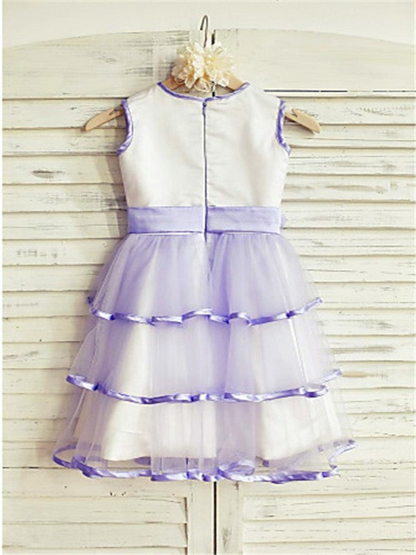 Hand-made Scoop Flower Tea-Length Tulle Sleeveless A-line/Princess Flower Girl Dresses