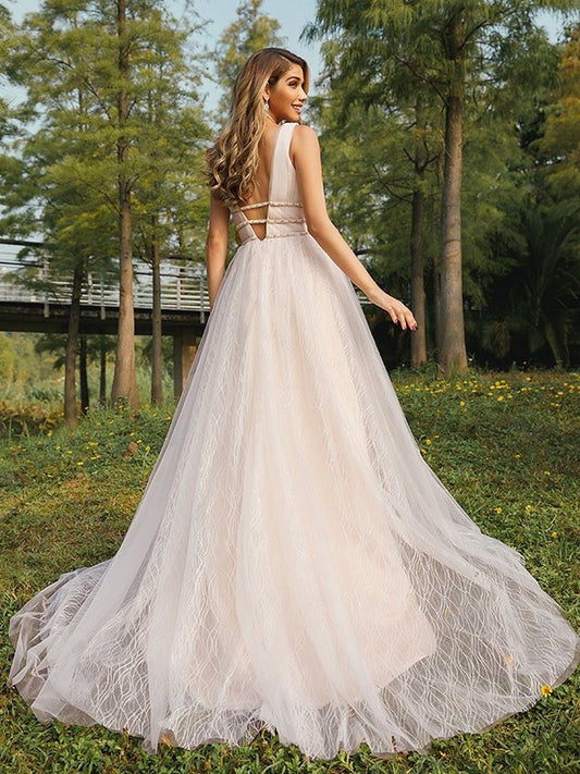 A-Line/Princess Sleeveless V-neck Ruffles Sweep/Brush Tulle Train Wedding Dresses