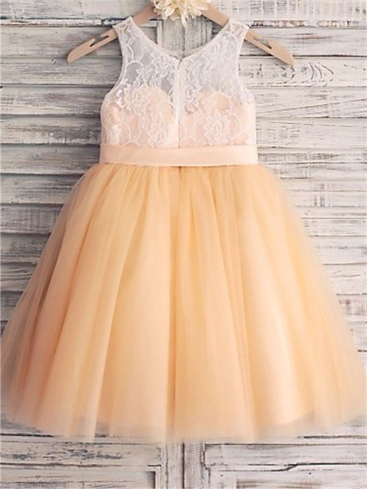 Tea-Length A-line/Princess Tulle Sash/Ribbon/Belt Sleeveless Scoop Flower Girl Dresses