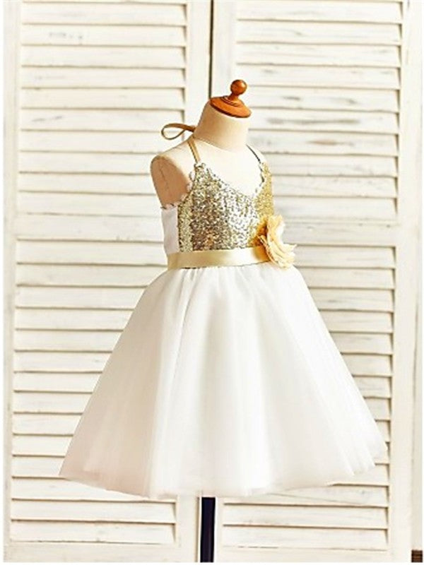 Sequin A-line/Princess Tulle Sleeveless Tea-Length Halter Flower Girl Dresses