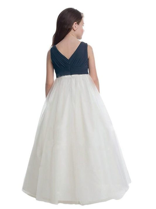 Sleeveless Floor-Length V-neck A-Line/Princess Ruched Tulle Flower Girl Dresses