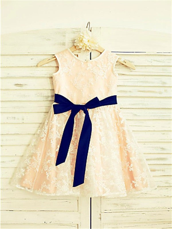 A-line/Princess Lace Bowknot Scoop Ankle-Length Sleeveless Flower Girl Dresses