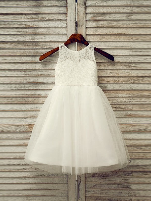 A-Line/Princess Scoop Tulle Sleeveless Lace Tea-Length Flower Girl Dresses