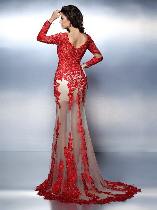 Sleeves Trumpet/Mermaid Applique Long V-neck Long Lace Dresses