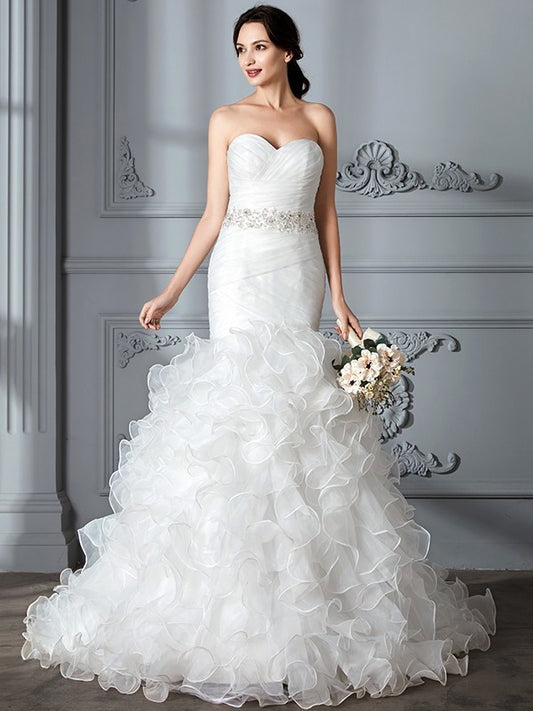 Sweep/Brush Sweetheart Trumpet/Mermaid Ruffle Train Sleeveless Satin Wedding Dresses