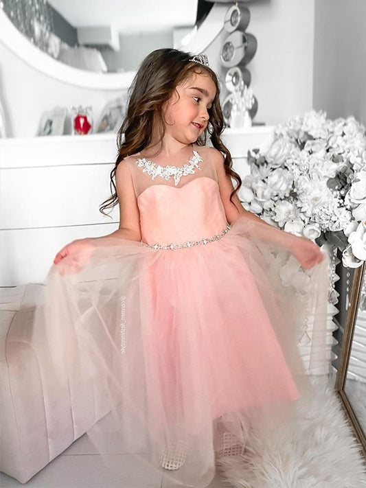 Tulle A-Line/Princess Scoop Tea-Length Sleeveless Beading Flower Girl Dresses