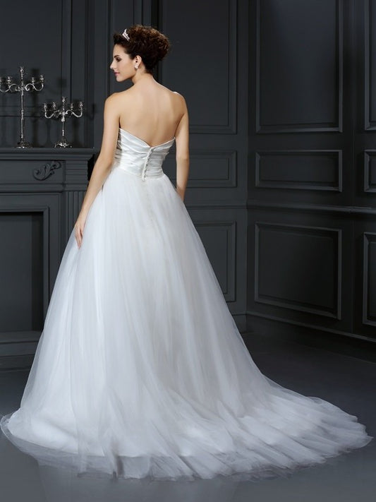 Long Strapless Sleeveless Gown Pleats Ball Taffeta Wedding Dresses