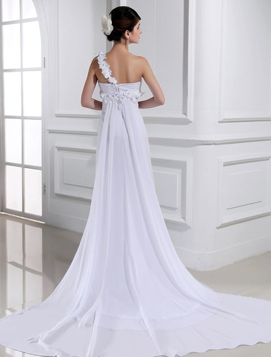 A-Line/Princess Hand-made One-shoulder Beading Flower Sleeveless Chiffon Wedding Dresses