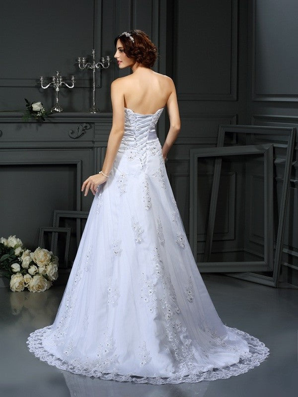 A-Line/Princess Long Strapless Applique Sleeveless Satin Wedding Dresses