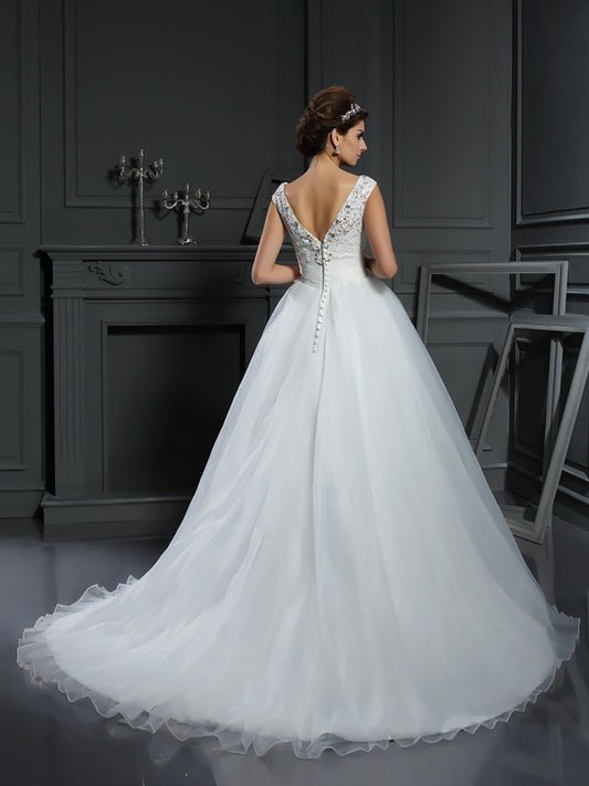 V-neck Beading Long Sleeveless A-Line/Princess Organza Wedding Dresses