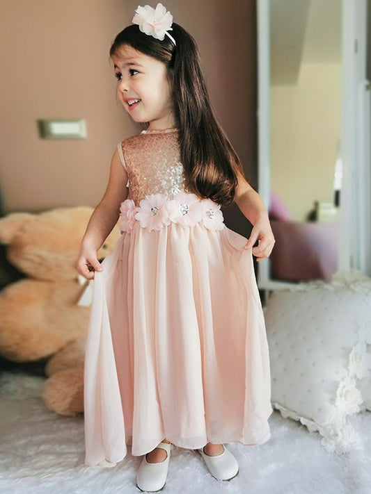 Scoop A-Line/Princess Sequin Sleeveless Chiffon Floor-Length Flower Girl Dresses