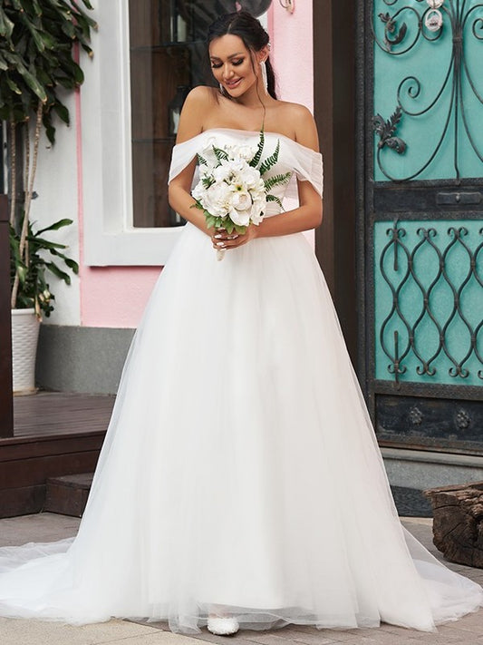 Sleeveless Off-the-Shoulder A-Line/Princess Tulle Ruffles Sweep/Brush Train Wedding Dresses