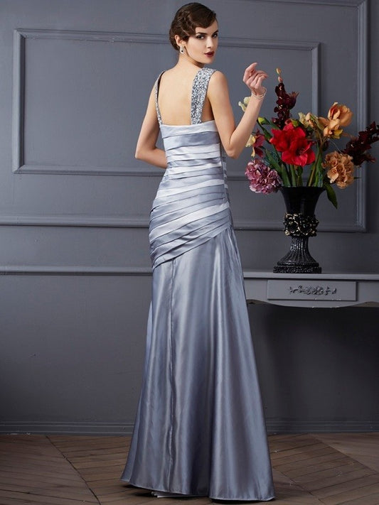 Sleeveless Straps Pleats Trumpet/Mermaid Long Satin Dresses