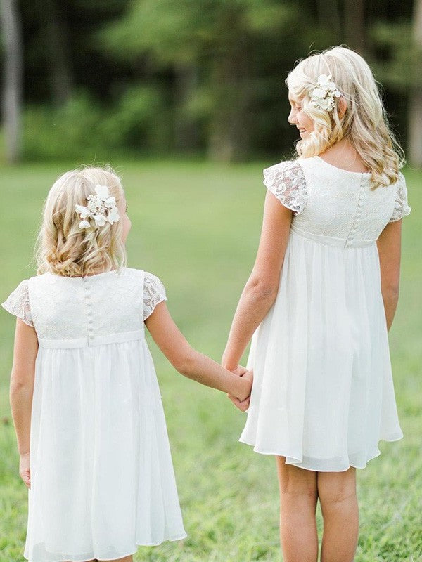 Knee-Length Chiffon Sleeves Lace Scoop A-Line/Princess Short Flower Girl Dresses