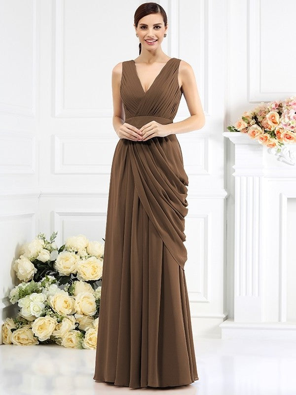 A-Line/Princess Long Pleats Sleeveless V-neck Chiffon Bridesmaid Dresses