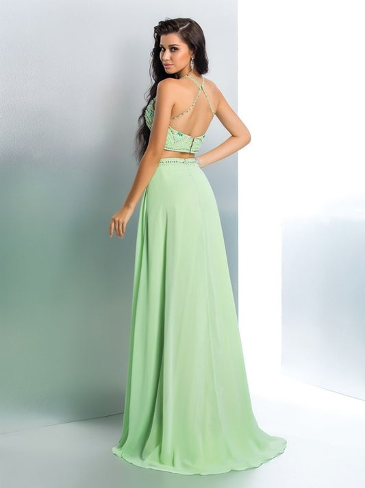 Chiffon Long Halter Beading Sleeveless A-Line/Princess Two Piece Dresses