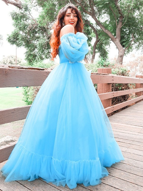 Applique Long Tulle A-Line/Princess Off-the-Shoulder Sleeves Floor-Length Dresses