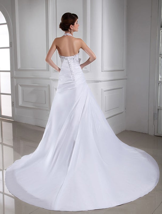 A-Line/Princess Beading Sleeveless Halter Long Taffeta Wedding Dresses