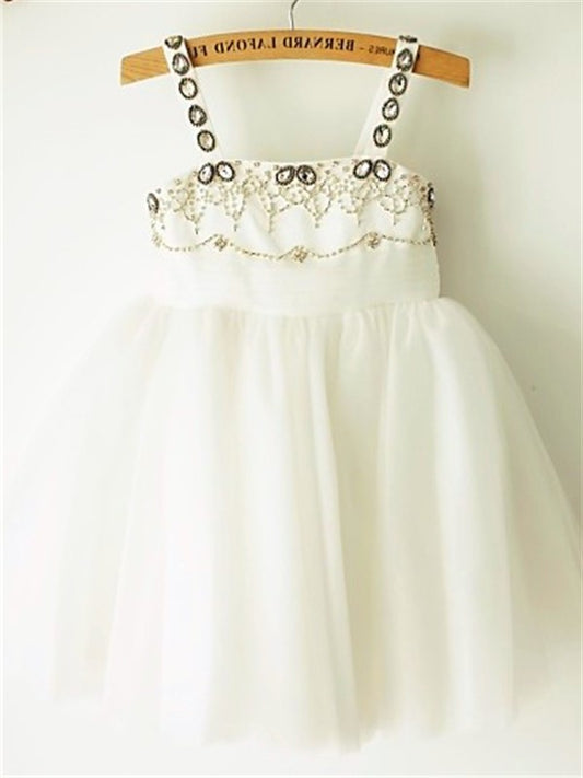 A-line/Princess Straps Tea-Length Spaghetti Sleeveless Beading Tulle Flower Girl Dresses