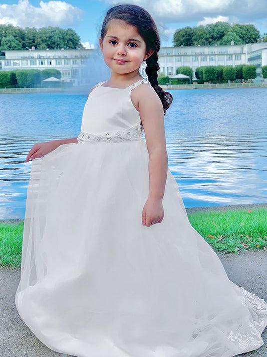 A-Line/Princess Spaghetti Tulle Sleeveless Straps Sweep/Brush Train Beading Flower Girl Dresses